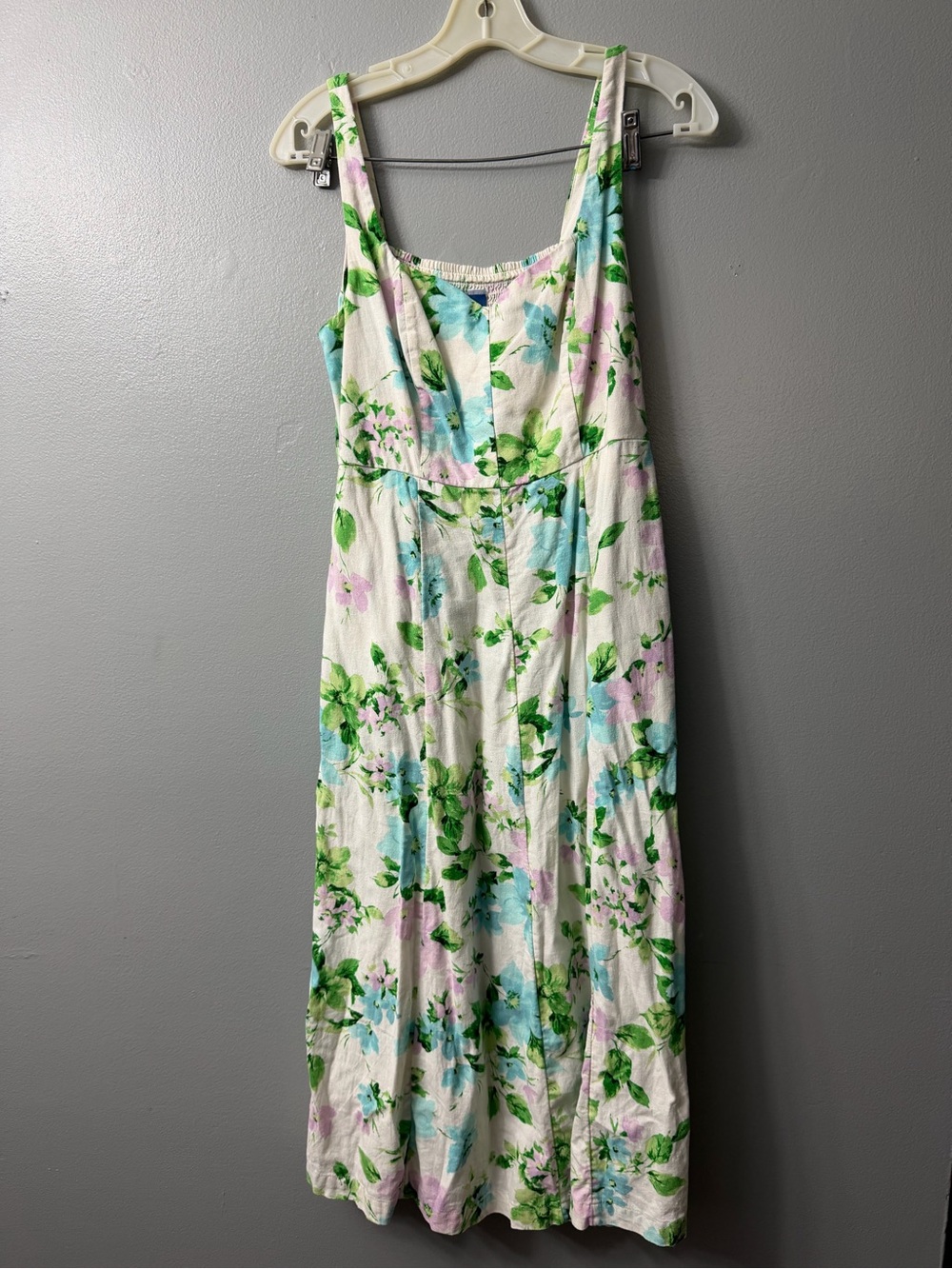 Old Navy Fit & Flare Linen-Blend Midi Dress white base with a green, blue, small - Picture 3 of 8